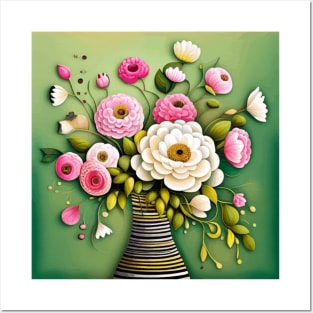 Pink and White Flowers in a Striped Vase Still Life Painting Posters and Art